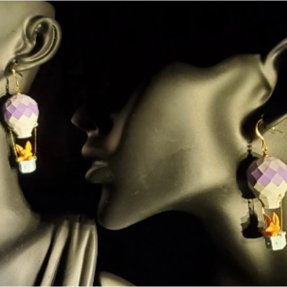 Purple and Gold Cartoon Fox Hot Air Balloon Earrings